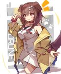  1girl :3 animal_ears bare_shoulders blunt_bangs blush bone_hair_ornament border braid breasts bright_pupils brown_eyes brown_hair buttons character_name choker closed_mouth commentary cropped_legs dog_ears dog_girl dog_tail dress grey_background hair_between_eyes hair_ornament hand_up highres hololive inugami_korone jacket large_breasts long_hair long_sleeves notice_lines off_shoulder open_clothes open_jacket outside_border red_choker short_dress solo tail tetenka twin_braids virtual_youtuber white_border white_dress white_pupils yellow_jacket 