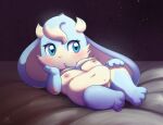 anthro areola bed blue_body blue_eyes blue_fur blush breasts chibi dewlap_(anatomy) digital_media_(artwork) female floppy_ears fur furniture genitals hair innie_vulva kemono lagomorph leporid long_ears mammal multicolored_body multicolored_fur nipples nude pink_nipples pink_nose rabbit semi-anthro slightly_chubby sofu_(pyritie) solo tan_body tan_fur two_tone_body two_tone_fur vulva zeklullaby
