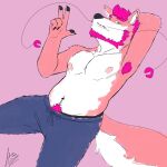 1:1 anthro arm_tuft armpit_hair beard body_hair bottomwear canid canine canis clothed clothing domestic_dog ear_piercing facial_hair fur gesture hand_gesture happy_trail hybrid keaboo male mammal mustache nipples pants pecs piercing pincers pink_body pink_fur pubes purple_body shoulder_tuft solo topless tuft underwear whiskers white_body white_fur zordykeaboo