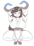 2026 anthro big_breasts bovid breasts caprine clothing collarbone crouching eyebrows eyelashes eyes_closed female goat hair hands_behind_head hi_res horn mammal scorpdk smile solo thick_thighs
