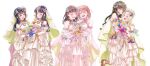  6+girls 6th_live_dream_~bloom_garden_party~ :d ^_^ animification aqua_flower black_hair blonde_hair blue_flower blue_hair blunt_bangs bouquet brown_hair closed_eyes commentary_request crossed_bangs detached_sleeves dress flower flower_stand_art frontrivers_kae gradient_hair green_flower grey_flower hair_flower hair_ornament hasu_no_sanrenka highres hinoshita_kaho holding holding_bouquet holding_together kan_kanna love_live! love_live!_hasu_no_sora_jogakuin_school_idol_club multicolored_hair multiple_girls murano_sayaka nirei_nozomi nonaka_kokona open_mouth orange_flower orange_hair osawa_rurino perennial_(love_live!) pink_flower purple_flower purple_hair real_life red_flower short_sleeves simple_background sleeveless sleeveless_dress smile two_side_up virtual_youtuber voice_actor voice_actor_connection white_background white_dress wispy_bangs yellow_flower 