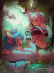  2girls :d absurdres animal_ears black_gloves blue_hair bow breasts bug butterfly commentary english_commentary fish_girl forest fox_ears fox_girl glasses gloves hair_bow highres holding_hands indie_virtual_youtuber large_breasts lucksshi meicha_(vtuber) multiple_girls nature open_mouth orange_scales outdoors pink_hair ponytail prim_prim purple_eyes smile virtual_youtuber yuri 