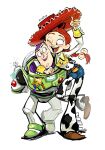  1boy 1girl absurdres animal_print blue_pants boots braid braided_ponytail brown_boots buzz_lightyear cow_print cowboy_hat cowgirl_(western) findoworld green_eyes hat highres jessie_the_yodeling_cowgirl long_hair looking_at_another one_eye_closed open_mouth pants red_hair red_hat shirt simple_background teeth toy_story toy_story_5 white_background white_shirt 