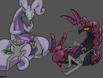 ambiguous_gender black_body black_eyes feral front_view generation_5_pokemon generation_6_pokemon goodra green_eyes grey_background grey_body group hi_res human kaiartis mammal markings nintendo pokemon pokemon_(species) purple_body purple_markings question_mark red_body scolipede simple_background size_difference sleeping sound_effects sparkles vowelless vowelless_sound_effect yellow_sclera zzz