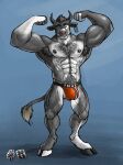 2023 abs anthro armpit_hair barazoku biceps big_muscles black_hair black_hooves black_horn black_nipples blue_background blue_eyes body_hair bovid bovine bulge cattle chest_hair clothed clothing dated detailed_bulge ear_piercing ear_tag flexing flexing_bicep flexing_both_biceps front_view full-length_portrait fur genital_outline grey_body grey_fur grin hair hi_res hooves horn hufnaar huge_muscles jockstrap looking_at_viewer male male_anthro mammal muscular muscular_anthro muscular_male nipples orange_clothing orange_jockstrap orange_underwear pecs penis_outline piercing portrait pose pubes simple_background smile solo standing tail tail_tuft topless tuft underwear white_body white_fur white_hooves