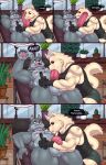 absurd_res annoyed anthro balls big_balls big_penis black_sclera bodily_fluids canid canine canis clothing comic cum cum_in_mouth cum_inside dialogue drinking drinking_cum duo english_text erection eyes_closed fangs fellatio foreskin fur genital_fluids genitals glans grey_body grey_fur half-closed_eyes hi_res hotdogsauau humanoid_genitalia humanoid_penis male male/male mammal narrowed_eyes nipples nude oral oral_penetration pawpads paws penetration penile penis pink_pawpads red_eyes sex shirt speech_bubble surprised tail tank_top teeth text tongue tongue_out topwear vein veiny_penis white_body white_fur wide_eyed wolf