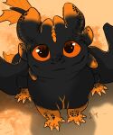 absurd_res big_eyes claws cory_(corythenightfury) dragon dreamworks european_mythology feral first_person_view fury_(httyd) hamham5 happy hi_res how_to_train_your_dragon looking_at_viewer looking_up male markings mythological_creature mythological_scalie mythology night_fury orange_claws orange_eyes scalie sitting sitting_on_ground smile smiling_at_viewer solo western_dragon