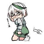  1girl ass black-framed_eyewear breasts brown_eyes chibi commentary_request cropped_legs glasses green_hair green_skirt hair_between_eyes highres kawamochi_(kawauti919) large_breasts lighter long_sleeves multicolored_hair open_mouth original puffy_long_sleeves puffy_sleeves ribbed_shirt semi-rimless_eyewear shirt simple_background skirt sleeves_past_wrists solo streaked_hair translation_request under-rim_eyewear wavy_mouth white_background white_hair white_shirt 