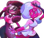  2girls adjusting_eyewear arm_up big_hair blue_eyes blue_hair colored_skin commentary_request cotton_candy_garnet dual_persona extra_eyes garnet_(steven_universe) gem gem_(steven_universe) glint grin hand_on_eyewear hand_on_own_hip heterochromia highres ikemen_san lips multicolored_hair multiple_girls pink_hair puffy_short_sleeves puffy_sleeves purple_eyes red_eyes red_hair red_skin short_hair short_sleeves simple_background smile split-color_hair steven_universe sunglasses teeth third_eye triclops white_background 