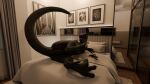 16:9 3d_(artwork) anus bed blender_(artwork) blender_cycles_(artwork) blep blue_head claws digital_media_(artwork) dinosaur dromaeosaurid female feral furniture genitals grey_body hi_res looking_at_viewer looking_back looking_back_at_viewer lying lying_on_bed mirror on_bed on_side paws prehistoric_species presenting raised_leg raised_tail reptile retro_raptor saurischian scales scalie solo tail theropod tongue tongue_out vulva widescreen yellow_eyes