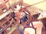  1girl bare_legs black_shirt blue_shorts bottle bowl breasts brown_eyes chair chest_of_drawers cleavage cube cup dutch_angle evening fang floating_hair frilled_shirt frills game_asset grey_hair grey_shirt hand_rest highres indoors long_hair looking_at_viewer mikeou nanairo_kouro nanami_haruka_(nanairo_kouro) non-web_source on_chair open_clothes open_mouth open_shirt picture_frame plate ribbon_trim self-datamine shelf shirt short_shorts shorts sitting sitting_backwards solo stomach table three-quarter_sleeves two_side_up very_long_hair 
