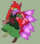 2020 5_tails ahoge big_hair brown_body brown_ears brown_fur canid canine chest_tuft clothing dark_clothing demigirl_(lore) dress fangs felid footwear fox fur glowing glowing_ears glowing_eyes glowing_markings glowing_tail green_clothing green_eyes green_footwear green_socks hair heart_(marking) heterochromia hybrid inner_ear_fluff legwear looking_at_viewer mammal markings multi_tail nonbinary_(lore) pattern_clothing pattern_footwear pattern_legwear pattern_socks pink_body pink_clothing pink_footwear pink_fur pink_socks pink_tail prehistoric_species purple_inner_ear purple_inner_ear_fluff purple_tail red_hair robyn_(robynsnowyfoxxo) robynsnowyfoxxo saber-toothed_tiger sabertooth_(anatomy) socks striped_clothing striped_footwear striped_socks stripes tail tan_clothing tan_socks teeth trans_(lore) trans_woman_(lore) tuft yellow_eyes