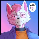 1:1 absurd_res alaster_z anthro black_clothing black_shirt black_topwear blue_clothing blue_jacket blue_topwear canid canine chibi clothed clothing drift_(driftuwu) driftuwu english_text eyewear fox fur glasses hair hi_res icon jacket looking_at_viewer male mammal markings multicolored_hair pink_eyes pink_eyewear pink_glasses pink_hair pink_markings round_glasses shaded shirt smile smiling_at_viewer smirk smirking_at_viewer solo speech_bubble text topwear white_body white_fur yellow_clothing yellow_shirt yellow_topwear