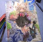  1girl alley animal animal_ear_fluff animal_ears art_tools_in_frame bandana bandana_around_neck black_cat black_dress black_eyes black_shoes blue_bandana blue_sclera bow bowtie cat cat_ears cat_girl cat_tail clothed_animal colored_pencil colored_pencil_(medium) colored_sclera commentary_request dress fish flying_fish flying_whale frilled_dress frills grey_hair long_hair mion_(beluga_song) original outdoors parted_lips pencil photo_(medium) pink_bow pink_bowtie plant planter potted_plant purple_socks shadow shoes socks solo tail town traditional_media twitter_username walking watermark whale 