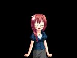  1girl :d ^_^ black_background blue_shirt blush braid breasts closed_eyes collared_shirt cowboy_shot fumizuki_yukari game_asset glasses grey_skirt hair_intakes hair_ornament hair_over_shoulder hara_hara!! jewelry large_variant_set long_hair necklace non-web_source official_art open_mouth pencil_skirt puffy_short_sleeves puffy_sleeves rabbit_hair_ornament rabbit_ornament red_hair self-datamine sena_mirai_(hara_hara!!) shirt short_sleeves sidelocks simple_background skirt small_breasts smile solo standing tachi-e variant_set 
