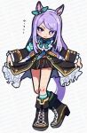  1girl animal_ears aqua_bow aqua_socks black_boots black_jacket black_skirt blush boots bow bowtie closed_mouth coat commentary_request curtsey ear_bow ear_ribbon frilled_coat frilled_jacket frills horse_ears horse_girl horse_tail jacket long_hair long_sleeves looking_at_viewer mejiro_mcqueen_(frontline_elegance)_(umamusume) mejiro_mcqueen_(umamusume) pleated_skirt purple_eyes purple_hair shirt skirt smile socks solo striped_clothes striped_shirt tail takuan_(taku1219oekaki) umamusume 