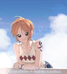 1girl bangle bare_shoulders blue_skirt blue_sky bracelet brown_eyes closed_mouth cloud cloudy_sky collarbone deogbab gold_bangle jewelry leaning_forward log_pose looking_at_viewer nami_(one_piece) one_piece orange_hair outdoors short_hair shoulder_tattoo single_sidelock skirt sky smile solo tank_top tattoo upper_body white_tank_top 