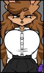 3:5 anthro big_breasts blank_stare bottomwear breast_focus breasts brown_body brown_eyes brown_fur brown_hair brown_nose bust_portrait button_(fastener) clothed clothing collared_shirt curly_hair dress_shirt eyeshadow female front_view fully_clothed fur grey_background hair hands_behind_back hi_res huge_breasts lagomorph lewded_blaze lipstick long_hair looking_at_viewer makeup mammal nameless_character office_clothing portrait presenting presenting_breasts shirt shirt_tucked_in simple_background skirt solo thick_thighs topwear watermark white_clothing white_shirt white_topwear