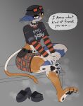 absurd_res anthro bodily_fluids breasts calico_cat claws clothed clothed_anthro clothed_female clothing collar domestic_cat ear_piercing english_text epic_games eyewear eyewear_on_head famms feet feet_up felid feline felis female foot_fetish footwear fortnite fortnite:_battle_royale grey_background half-closed_eyes hat headgear headwear hi_res looking_at_viewer mammal meow_skulls metalhead_meow_skulls midriff musk narrowed_eyes pawpads paws piercing sandals shoes simple_background soles solo spiked_collar spikes sunglasses sunglasses_on_head sweat sweaty_feet talking_to_viewer text toe_claws toes wearing_sunglasses yellow_eyes