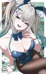  1girl animal_ear_hairband animal_ears aqua_eyes aqua_hair blonde_hair blue_leotard braid braided_base breasts card cleavage commentary_request crossed_legs detached_collar fake_animal_ears gradient_hair hairband highres jewelry large_breasts leotard long_hair looking_at_viewer multicolored_hair n/p_(xrey2588) nijisanji open_mouth pantyhose playboy_bunny playing_card rabbit_ear_hairband rabbit_ears reina_(nijisanji) ring roulette_table sitting solo strapless strapless_leotard table teeth twintails twintails_with_braided_base upper_teeth_only virtual_youtuber white_wrist_cuffs wrist_cuffs 