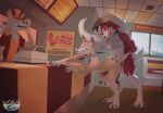 anal anal_penetration animal_genitalia animal_penis anthro anthro_on_anthro anthro_penetrated anthro_penetrating anthro_penetrating_anthro balls bent_over blue_eyes brown_body brown_fur canid canine canine_genitalia canine_penis cashier claws digitigrade drakawa erection fangs fast_food_employee fast_food_restaurant fast_food_uniform finger_claws from_behind_position fur generation_7_pokemon genitals group heart_symbol knot logo_parody looking_pleasured lycanroc male male/male male_penetrated male_penetrating male_penetrating_male mammal menu midday_lycanroc midnight_lycanroc nintendo nude_male pawpads penetration penile penile_penetration penis penis_in_ass pokemon pokemon_(species) public public_sex raised_leg red_body red_eyes red_fur restaurant sex shaded snout teeth toe_claws tongue tongue_out trio unprofessional_behavior watermark