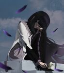  1girl absurdres akemi_homura akemi_homura_(magical_girl) argyle_clothes argyle_pantyhose black_hair black_hairband black_pantyhose black_shoes branch closed_mouth commentary_request falling_feathers feathers flower full_body grey_skirt hairband head_on_knees highres holding holding_branch knees_up layered_sleeves long_hair long_sleeves looking_at_viewer magical_girl mahou_shoujo_madoka_magica mahou_shoujo_madoka_magica_(anime) pantyhose purple_eyes purple_feathers shirt shizuraindoll shoes sitting skirt sky solo white_shirt 