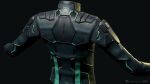  3d aqua_trim black_jacket blender_(medium) bodysuit clothes_focus commentary company_logo copyright_logo copyright_name dark_background dated english_commentary eve_online from_behind gallente_federation_(eve_online) grey_background highres honeycomb_(pattern) honeycomb_print jacket logo long_sleeves marmoset_toolbag_(medium) maya_(medium) no_humans official_art photorealistic realistic undoz upper_body zbrush_(medium) 
