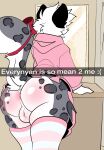 accessory anthro anus asphinx backsack balls bathroom big_butt bottomwear butt clothing everyone_is_so_mean_to_me felid femboy fur furgonomics genitals hair hi_res hoodie leaning leaning_forward legwear male mammal markings meme mirror pantherine pink_clothing qw33py ribbons skirt snow_leopard solo spots spotted_body spotted_fur tail tail_accessory tail_ribbon thigh_highs topwear white_body white_fur white_hair