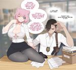 2026 5_fingers absurd_res animal_humanoid big_breasts black_hair blue_eyes blush bra breasts clothed clothed_female clothed_human clothed_humanoid clothed_male clothing dialogue duo english_text eyes_closed female female_humanoid fingers hair hi_res human humanoid humanoid_hands luxurias male male_human mammal nessie_(luxurias) one_eye_closed pink_ears pink_hair speech_bubble text underwear