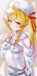  1girl absurdres ahoge beamed_eighth_notes beret blonde_hair breasts clothing_cutout commentary_request covered_navel double-parted_bangs drawstring grin hair_between_eyes hair_ornament hair_ribbon hat highres hololive hololive_dev_is kei165892 leotard leotard_under_clothes long_hair long_sleeves looking_at_viewer miniskirt musical_note musical_note_hair_ornament one_side_up otonose_kanade pleated_skirt red_eyes red_ribbon ribbon shoulder_cutout shrug_(clothing) sidelocks skirt small_breasts smile sweat todoroki_hajime todoroki_hajime_(regloss_uniform) virtual_youtuber white_hat white_leotard white_shrug white_skirt 