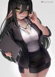  1girl black_hair black_jacket black_nails black_skirt breasts cleavage clipboard cross cross_earrings cross_facial_mark earrings facial_mark freckles glasses green_eyes hair_between_eyes hanael_ward highres holding holding_clipboard indie_virtual_youtuber inverted_cross inverted_cross_earrings jacket jewelry large_breasts layna_lazar long_hair looking_at_viewer office_lady pointy_ears shirt skirt solo thighs virtual_youtuber white_background white_shirt 