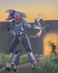 3_fingers 3_toes akilae06 alien anthro armor avian avian_caruncle beak bionic_tail bionics clothed clothed_anthro clothed_male clothing colored cybernetic_limb cybernetic_tail digitigrade duo empty_eyes face_covered feather_hair feathered_crest feathers feet fingers gesture halo_(series) hand_on_hip hand_on_own_hip head_crest hi_res kig-yar long_tail male microsoft outside prosthetic prosthetic_limb prosthetic_tail pseudo_hair purple_body purple_feathers quill_hair ruuhtian scalie sharp_teeth sky solo_focus spurs_(anatomy) t'vaoan tail teeth toes waving xbox_game_studios yellow_eyes