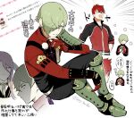  3boys armor belt black_jacket black_pants closed_eyes closed_mouth flower_symbol gloves green_armor green_eyes green_hair grey_belt hachisuka_kotetsu hair_between_eyes hair_over_one_eye jacket japanese_armor kaidou_j1 leg_armor long_hair male_focus multicolored_jacket multiple_boys ookanehira_(touken_ranbu) open_mouth pants pink_hair red_gloves red_jacket short_hair shoulder_armor simple_background smile speech_bubble touken_ranbu translation_request twitter_username two-tone_jacket uguisumaru white_background 