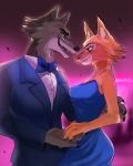 4_fingers anthro arms_around_partner bare_shoulders black_nose blue_blazer blue_bottomwear blue_bow_tie blue_clothing blue_dress blue_pants bottomwear bow_tie canid canine canis canon_couple claws clothed clothed_anthro clothed_female clothed_male clothing countershade_face countershade_fur countershading dancing diane_foxington dreamworks dress duo eyebrow_piercing eyebrows eyelashes facial_piercing female female_anthro finger_claws fingers fox fur green_eyes grey_body grey_fur hi_res male male/female male_anthro mammal mr._wolf_(the_bad_guys) orange_body orange_fur pants pawpads piercing pupils q1p0a2l4zm red_fox shoulderless_dress smile snout the_bad_guys true_fox wolf yellow_eyes yellow_sclera