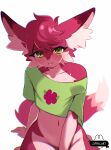 5_fingers anthro bangs big_ears blush bodily_fluids bottomless bottomless_anthro bottomless_male canid canine cheek_tuft clothed clothing collarbone colored colored_sketch crop_top digital_drawing_(artwork) digital_media_(artwork) eyelashes facial_tuft femboy fennec_fox fingers fox fur green_clothing green_crop_top green_eyes green_shirt green_topwear hair hi_res high-angle_view inner_ear_fluff long_eyelashes male male_anthro mammal navel pink_body pink_fur pink_nose red_body red_fur shaded shirt short_hair simple_background sitting sketch solo sweat tail topwear true_fox tuft white_background ziffir
