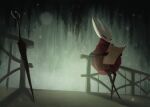  1girl against_railing arito_meew arthropod_girl black_eyes black_skin cloak colored_skin dark full_body highres holding holding_map hollow_eyes hollow_knight horned_mask hornet_(hollow_knight) horns map map_(object) mask needle_(hollow_knight) plant railing red_cloak shadow solo standing weapon weapon_against_wall white_mask 