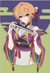  1girl alternate_costume alternate_hairstyle arong black_sash blonde_hair closed_mouth clothing_request commentary dated_commentary egasumi folded_fan folding_fan green_background hand_fan holding holding_fan japanese_clothes kimono looking_at_viewer obi purple_background purple_eyes sash smile solo touhou two-tone_background white_kimono wide_sleeves yakumo_yukari 