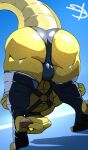2026 anthro bent_over big_butt biped blue_background blue_clothing blue_collar blue_footwear blue_socks blue_underwear bulge butt chest_harness claws clothed clothed_anthro clothed_male clothing collar crimenes digital_drawing_(artwork) digital_media_(artwork) empty_eyes english_description epic_games feet finger_claws fingers footwear fortnite glistening glistening_butt glistening_clothing glistening_underwear hand_on_leg hand_on_own_leg harness hybrid_(fortnite) lizard looking_at_viewer looking_through looking_through_legs male male_anthro mouth_closed raised_tail rear_view reptile scales scalie signature simple_background socks solo stirrup_socks tail tapering_tail toeless_footwear toeless_socks toes underwear yellow_body yellow_eyes yellow_scales yellow_tail