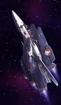  1boy canopy_(aircraft) choujikuu_yousai_macross commentary_request energy_cannon gun gunpod highres machine_gun macross male_focus mecha_pilot_suit missile missile_pod nebula nyaou pilot roundel science_fiction space star_(sky) thrusters u.n._spacy variable_fighter vernier_thrusters vf-1 vf-1_super vf-1a weapon zero_gravity 