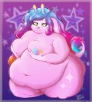 alien antennae_(anatomy) anthro belly belly_overhang big_belly big_breasts big_butt bloated breasts butt cupping_breasts deep_navel female fur hair hand_on_breast hi_res huge_belly huge_butt long_hair markings morbidly_obese navel obese overeating overweight overweight_female pink_body pink_fur simple_background solo squish star_(marking) stuffing swollen_belly thick_thighs tumbeetle