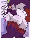 anthro butt butt_focus clothing dupin_(pal) female fishys1 fur heart_eyes heart_symbol hi_res lagomorph legwear leporid looking_at_viewer looking_back looking_back_at_viewer looking_down mammal nude pal_(species) palmorph palworld pocketpair purple_body purple_fur rabbit red_body red_fur seductive simple_background solo standing text_box thigh_highs white_body white_fur yellow_body yellow_fur