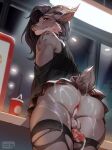 absurd_res anthro anus backsack balls blush bodily_fluids bottomwear butt clothed clothing container crossdressing crossdressing_male cum cum_from_ass cum_in_ass cum_inside cum_on_butt cum_on_penis cum_splatter cup deer digital_media_(artwork) ear_piercing ear_ring ejaculation femboy fur genital_fluids genitals half-erect hi_res horn leaking_cum legwear looking_at_viewer male mammal miniskirt no_underwear nude penis penis_backwards piercing poofroom ring_piercing skirt smile solo standing stockings tail topwear torn_clothing torn_legwear torn_stockings