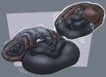 anthro atlas_(razzmatazz) belly big_belly big_butt black_body black_fur blob_face blobby blue_markings brown_body brown_fur butt close-up double_chin fat_rolls fur hi_res huge_belly hyper hyper_belly immobile juicefulmoth machine male markings morbidly_obese morbidly_obese_anthro morbidly_obese_male motion_lines obese obese_anthro obese_male overweight overweight_anthro overweight_male protogen protogen_visor shocked solo