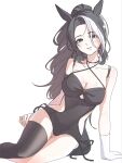  1girl alternate_costume alternate_hairstyle animal_ears bare_shoulders black_choker black_hair black_one-piece_swimsuit black_thighhighs braid braided_base breasts casual_one-piece_swimsuit choker cleavage collarbone commentary geenzin0 gloves highres horse_ears horse_girl horse_tail korean_commentary large_breasts long_hair looking_at_viewer mejiro_ramonu_(umamusume) mole mole_under_eye multicolored_hair one-piece_swimsuit parted_lips ponytail ponytail_with_braided_base single_glove single_thighhigh smile solo streaked_hair swimsuit tail thighhighs umamusume white_gloves white_hair 