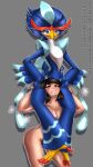 9:16 ambiguous_gender anatid anseriform anthro avian avianenthusiastelvira avianfanelvira bird black_hair blue_body blue_eyes blush bodily_fluids body_hair brown_eyes covered_breasts covered_nipples drooling duck duo eyelashes female female/ambiguous generation_9_pokemon hair half-closed_eyes heart_eyes heart_symbol hi_res human humanoid interspecies leg_wrap mammal narrowed_eyes nintendo nude pokemon pokemon_(species) pokephilia quaquaval saliva smile smiling_at_another standing stretch_marks sweat thick_thighs wide_hips