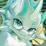 1:1 1_horn 2_horns abstract_background absurd_res anthro aquatic aquatic_dragon big_eyes blue_body blue_eyes blue_horn blue_skin bust_portrait chest_tuft close-up curved_horn cute_fangs dragon ear_fins exclamation_point eyewear eyewear_only facial_spikes fangs fin fish fluffy fluffy_chest fluffy_ears front_view fur furred_dragon furred_scalie glasses glasses_only glistening glistening_body glistening_eyes green_background half-closed_eyes head_fin headshot_portrait hi_res horn hybrid icon kemono looking_at_viewer male mouth_closed multi_horn multicolored_body multicolored_fur mythological_creature mythological_scalie mythology narrowed_eyes nude outline pattern_background portrait rectangular_glasses scalie simple_background smile smiling_at_viewer solo sparkles spikes spikes_(anatomy) strawberrynightmilk teeth tuft wearing_glasses white_body white_fur zephi