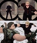  2boys absurdres aiming albert_wesker belt black_gloves black_pants black_shirt blonde_hair boots brown_hair charging_forward charging_person chest_harness chris_redfield commentary crosshair english_commentary english_text face_punch fighting gloves glowing glowing_eyes green_gloves green_shirt gun h&amp;k_psg1 harness highres in_the_face indoors looking_through_scope multiple_boys muscular muscular_male pants punching red_eyes resident_evil resident_evil_5 rifle ruins scene_reference scope shirt sniper_rifle standing sunglasses weapon yoracrab 