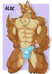 abs absurd_res anthro arm_tuft barazoku biceps big_bulge blue_clothing blue_underwear bodily_fluids border brown_body brown_fur bulge canid canine canis chest_tuft claws clothing detailed_bulge elbow_tuft fangs fur genital_fluids geryorias hi_res male mammal muscular muscular_male outline pecs precum purple_background simple_background solo speedo sweat swimwear tail teeth text tuft underwear white_border white_outline wolf yellow_eyes