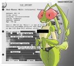 2026 alien antennae_(anatomy) anthro arthropod artist_name big_eyes bottomwear breasts censor_bar censored clothed clothing digital_media_(artwork) document female green_body hi_res insect looking_at_viewer mantis mardymuntjak nhila_(mardymuntjak) panties partially_clothed red_eyes redacted_text solo tail text underwear