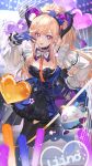  1girl absurdres arknights arknights:_endfield balloon black_hairband black_horns black_thighhighs blonde_hair blue_dress blue_gloves breasts chinese_commentary commentary_request curled_horns demon_girl demon_horns demon_tail dress gloves hairband heart_balloon highres horns liino_(arknights) long_hair looking_at_viewer multicolored_hairband multicolored_horns musical_note musical_staff open_mouth partially_fingerless_gloves pointy_ears purple_eyes purple_hairband purple_horns purple_tail shrug_(clothing) solo star-shaped_pupils star_(symbol) symbol-shaped_pupils tail thighhighs two-tone_hairband two-tone_horns white_shrug zuozhan_xing59 
